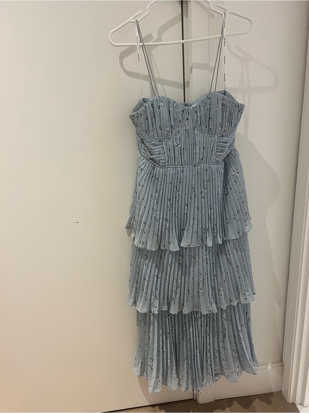 Self-Portrait Light Blue Tiered Pleated Floral Midi Dress